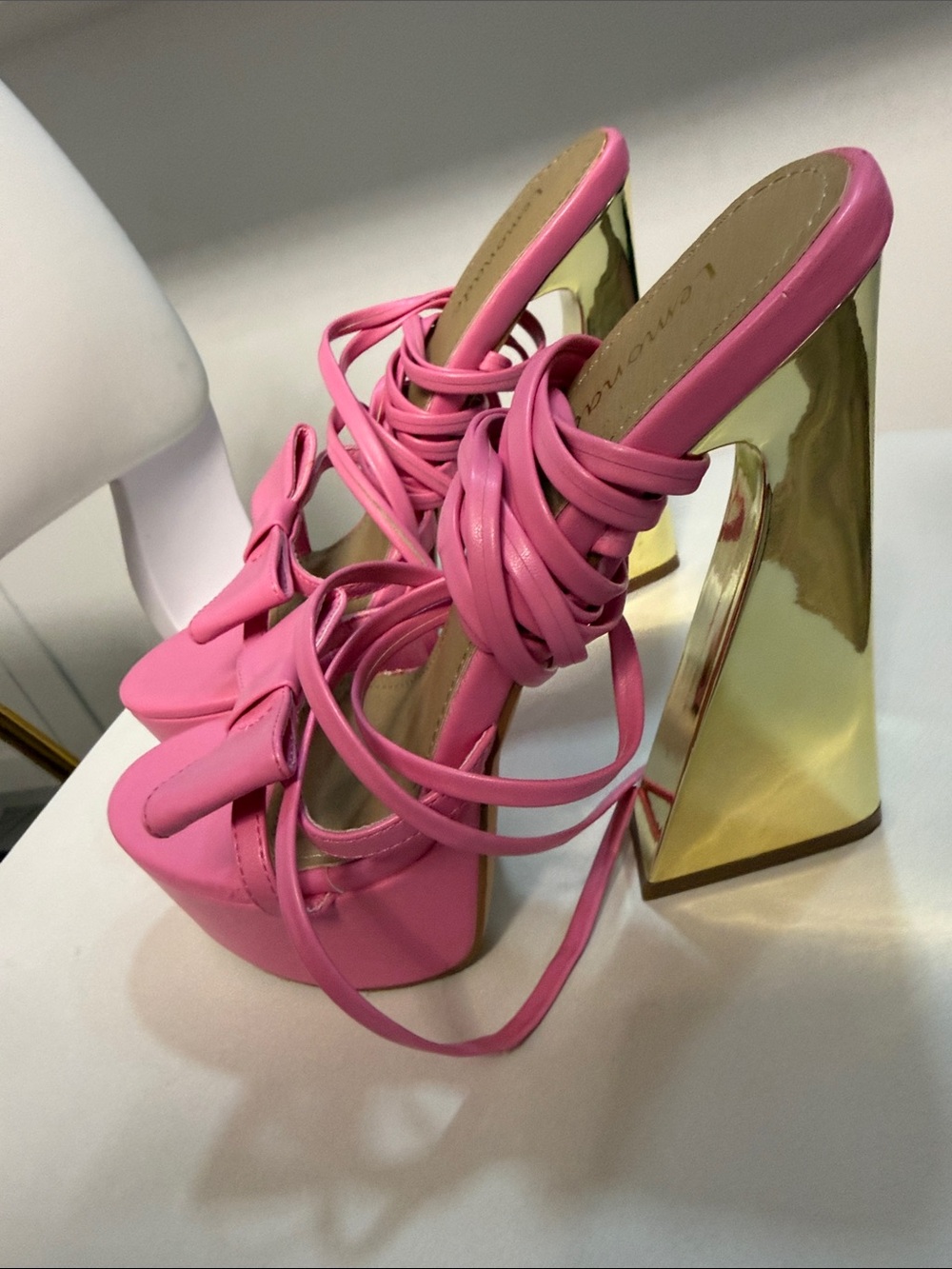 Lemonora Hot Pink Bow Lace-Up Heeled Sandals - Picture 5 of 9